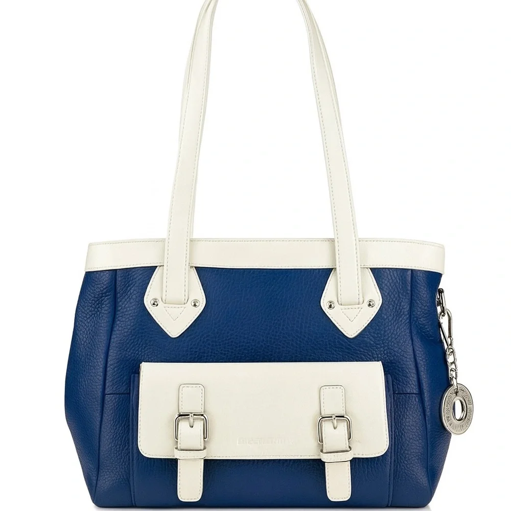 Navy & Cream Leather Satchel – Classic Buckle Detail Shoulder Tassel Bag GUC